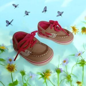 SPERRY GIRL'S LEATHER UPPER TIE SHOES SIZE 2M TAN-‎ PINK & IVORY VGC